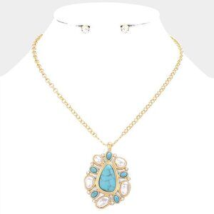 NEW Boho Turquoise Pearl Abstract Stone Embellished Pendant Necklace Set
